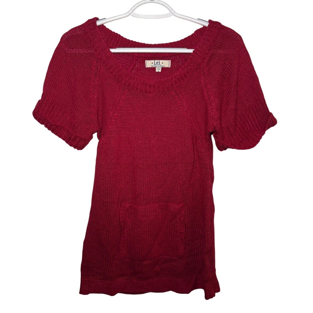LEI Red Knit Short Sleeve Sweater With Pocket Womens‎ Medium Y2K Granola Fairy